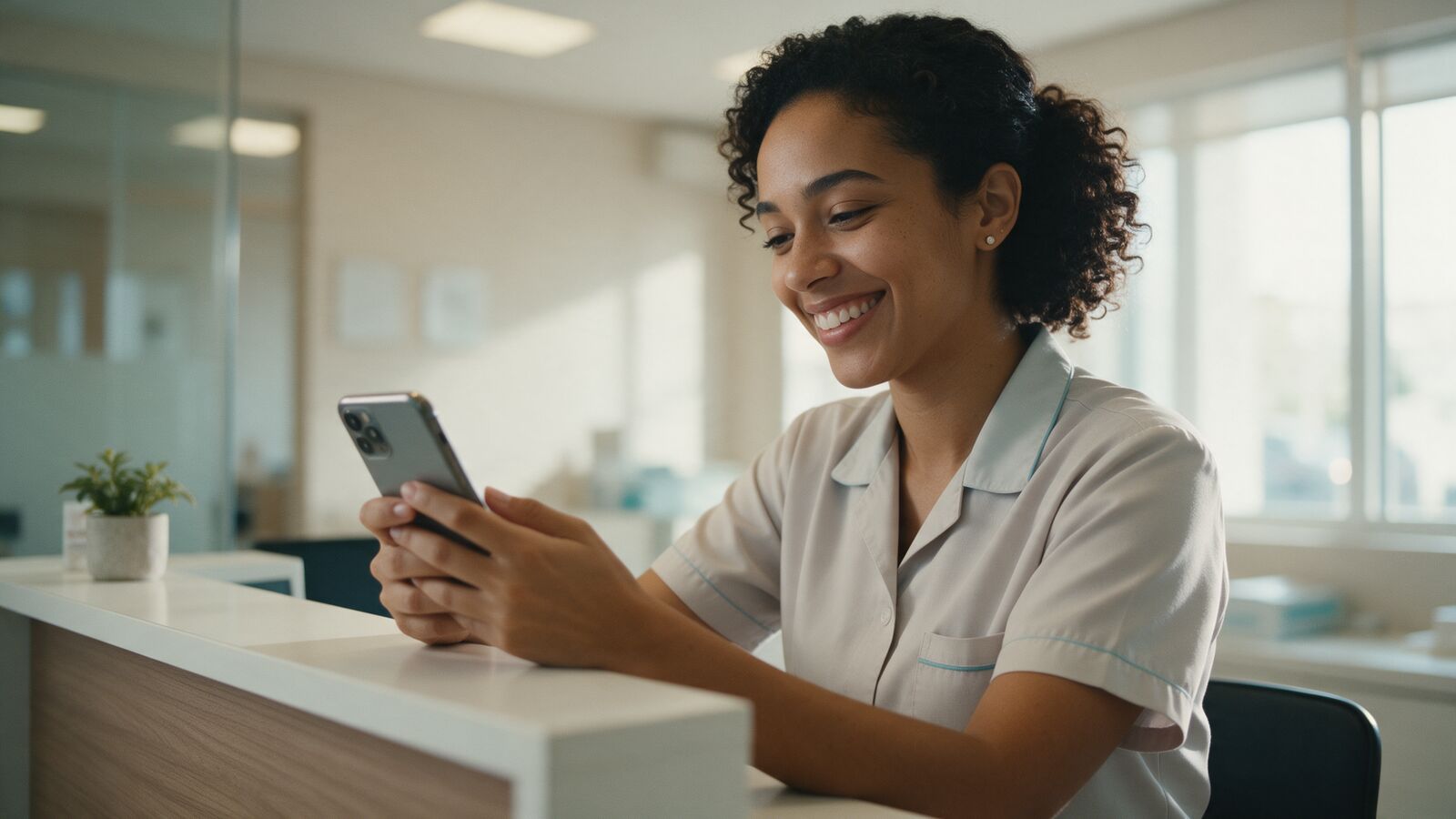 Recepcionista de clínica odontológica sorrindo enquanto confere o celular